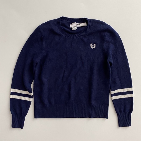 PINK Victoria's Secret Sweater Knit Blue Varsity Stripe Pullover Nwt Medium M - Picture 1 of 3